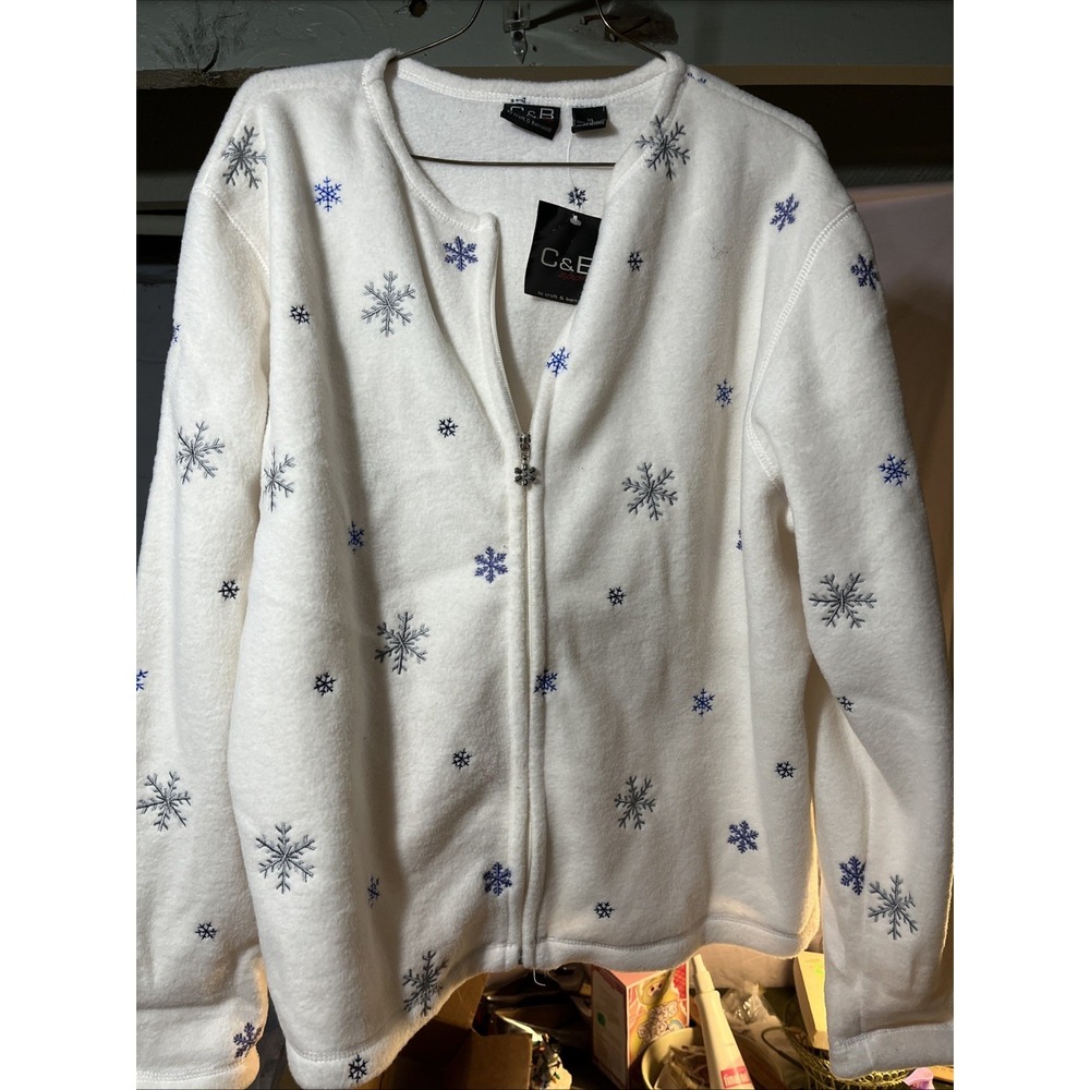 Croft Barrow Sport Women's Fleece Jacket White XL Snowflakes Holiday Christmas